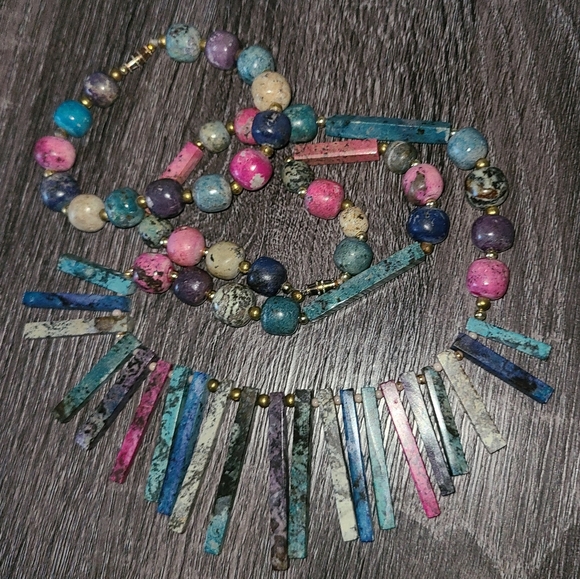 VINTAGE 2 PC SET HOWLITE STONES LONG TRIBAL NECKLACE & BRACELET COSTUME HANDMADE - Picture 7 of 10